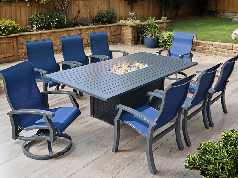 Chateau Aluminum outdoor with sling 9 Piece Dining Set (90X47 in. Dining Fire Pit)