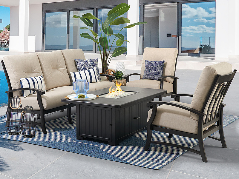 Lodge Aged Bronze Aluminum with Cushions 4 Piece Deep Seating Group With Fire Pit